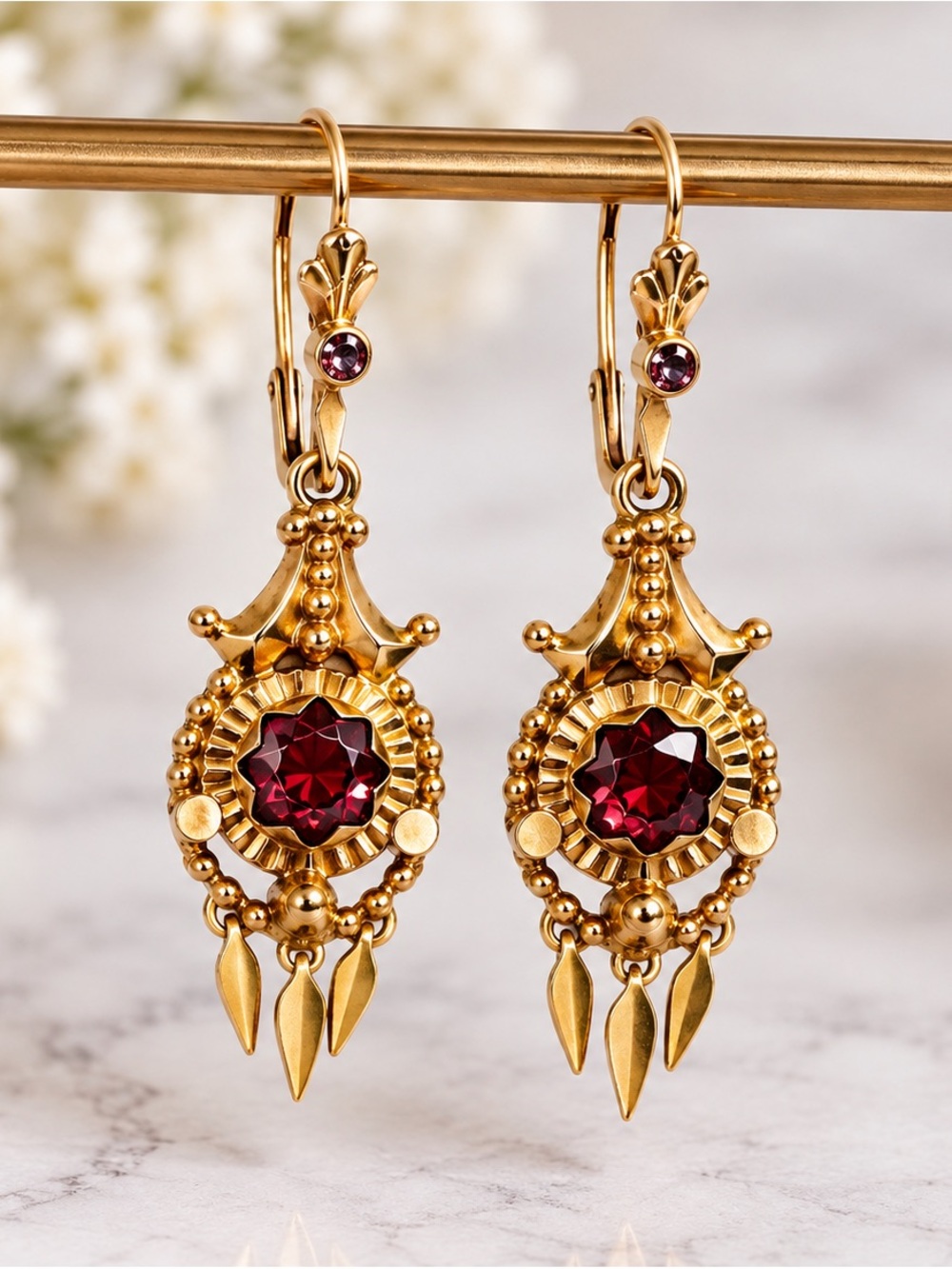 Vintage 18K Gold Red Stone Dangle Drop Earrings 5.74g